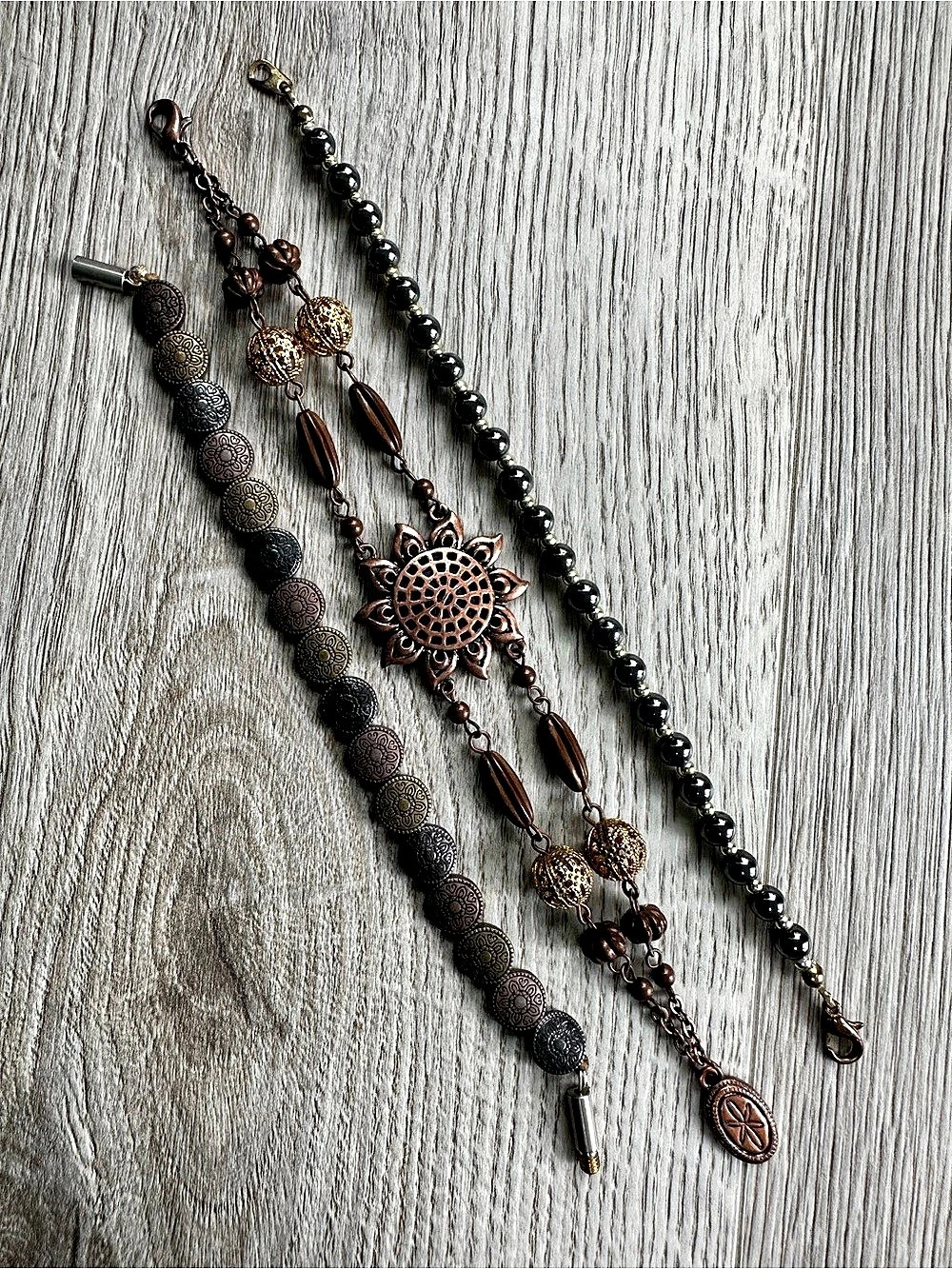 Boho Eclectic Bracelet Stack Trio Set • Copper Bronze Hematite Sunflower Bundle